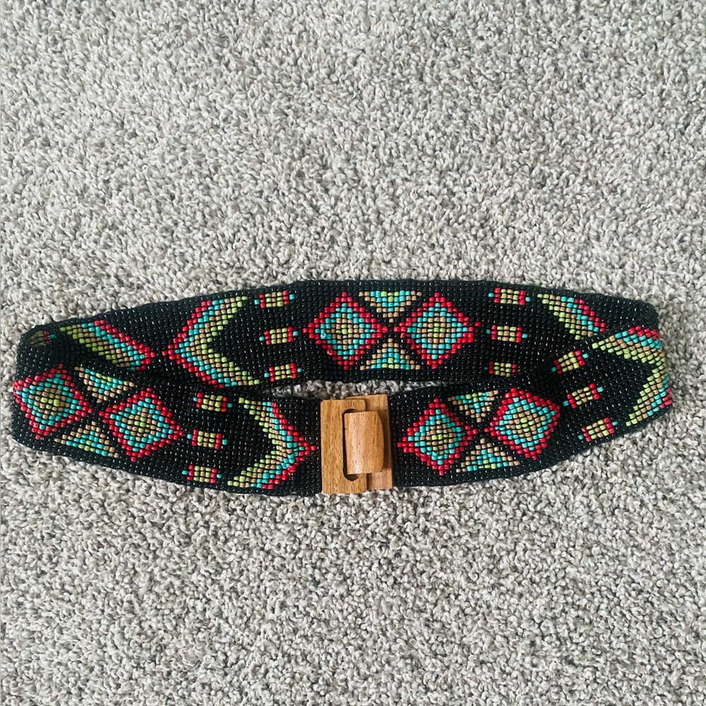 Colorful stretchy Beaded Belt with Wooden Buckle boho hippie